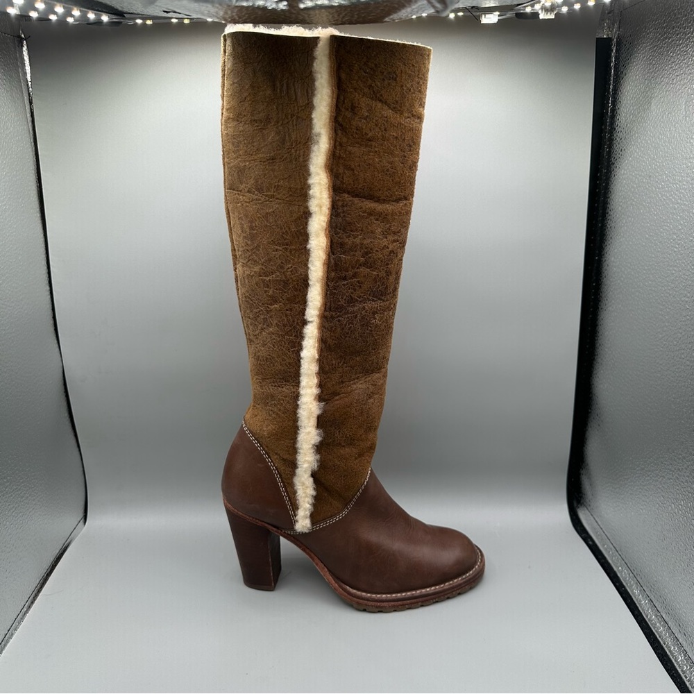 MICHAEL KORS Brown Leather Suede Sherpa Lined Tall Fold Over Heeled Boots Sz 5.5 - Picture 2 of 9